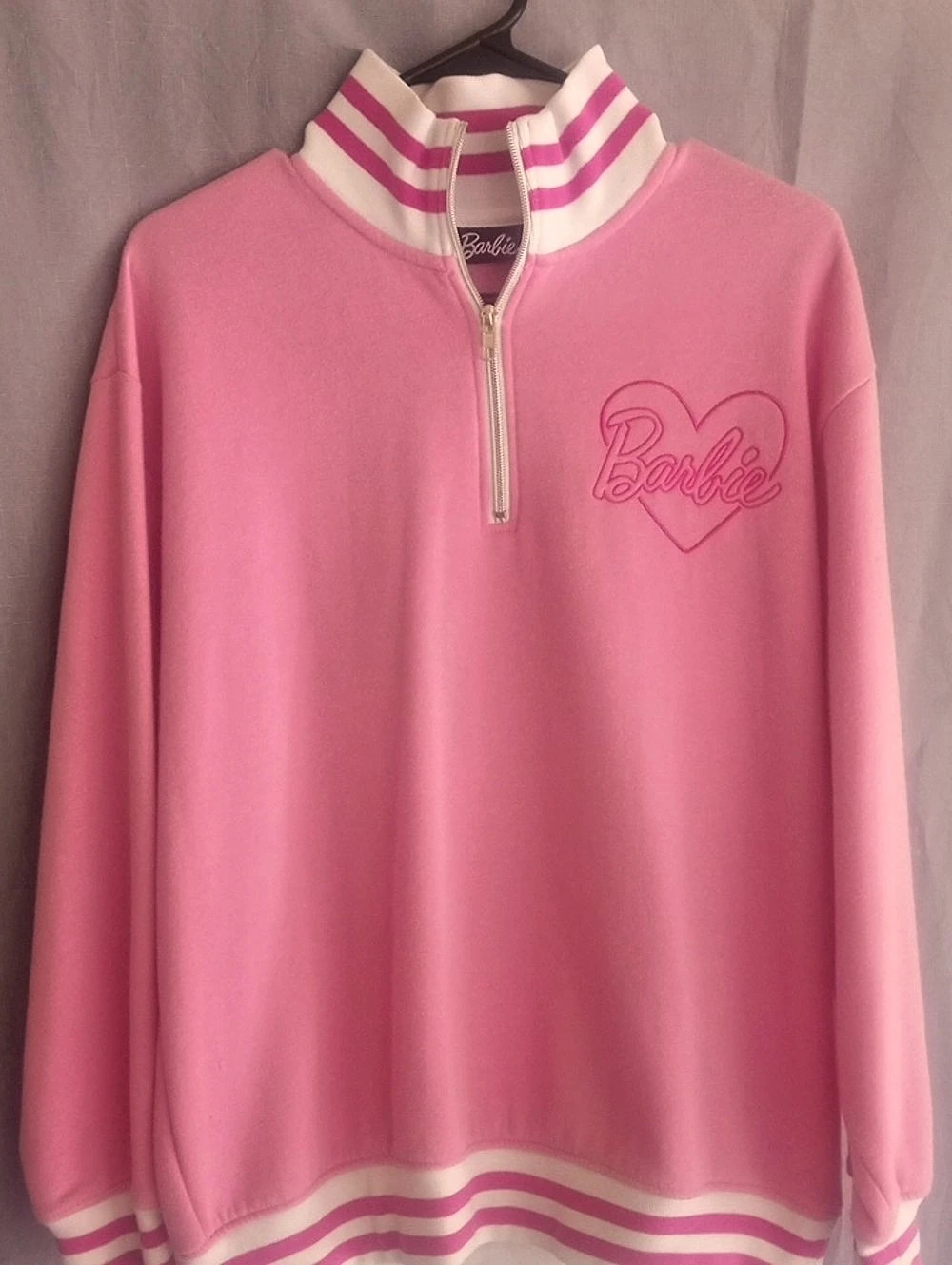 Barbie Pink Heart Logo Quarter-Zip Sweatshirt Pink & White Large
